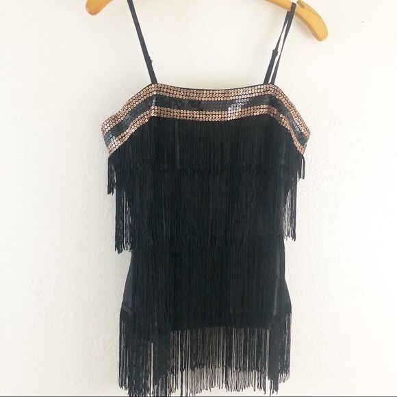 Andree spaghetti strap fringe sequins neck black top  size M - Picture 1 of 7